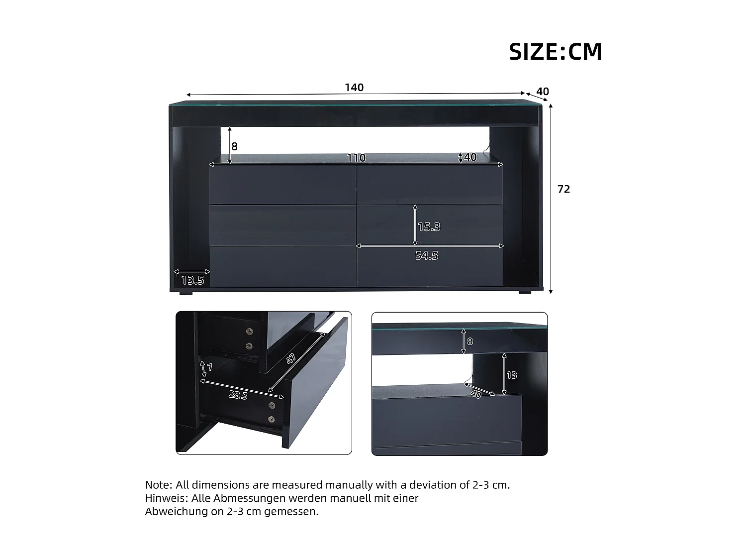Buffet 140x40x70 cm, 6 tiroirs, LED 16 couleurs, plateau en verre trempé, panneaux de particules noir brillant