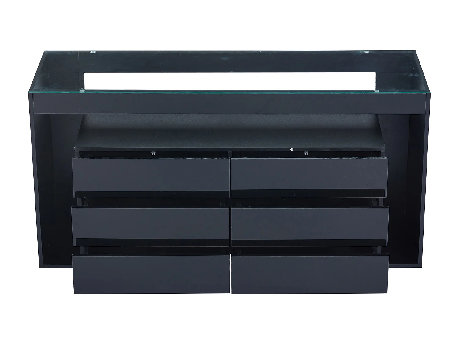 Buffet 140x40x70 cm, 6 tiroirs, LED 16 couleurs, plateau en verre trempé, panneaux de particules noir brillant