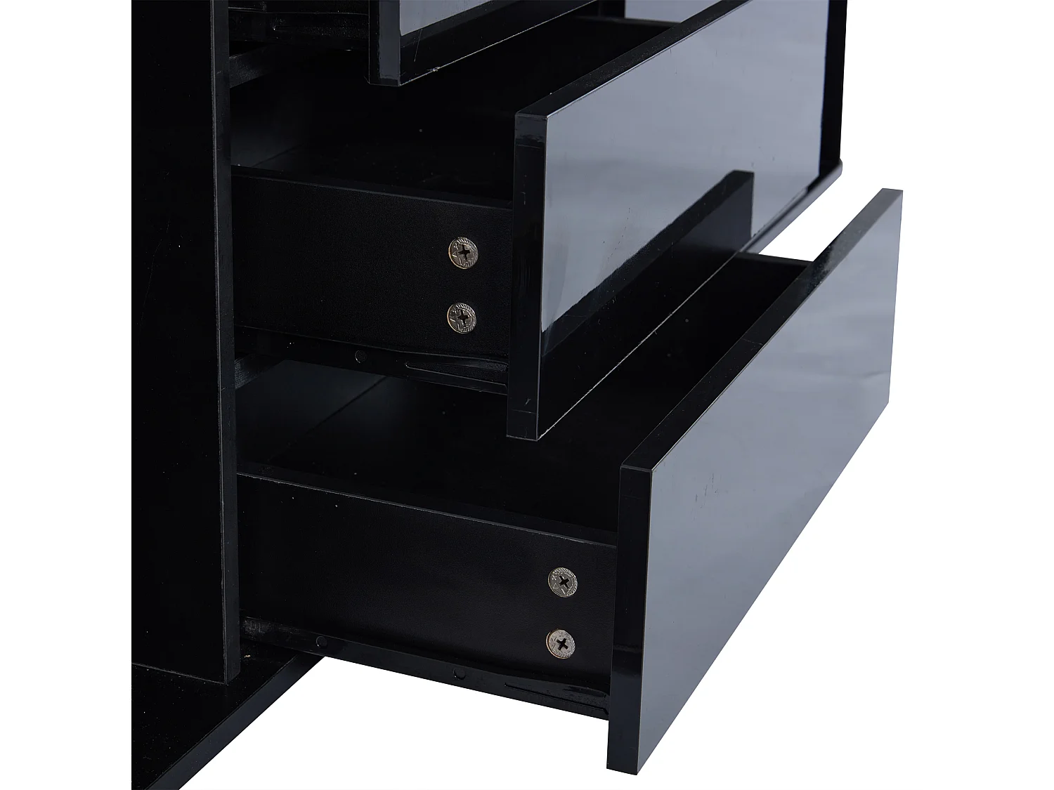 Buffet 140x40x70 cm, 6 tiroirs, LED 16 couleurs, plateau en verre trempé, panneaux de particules noir brillant