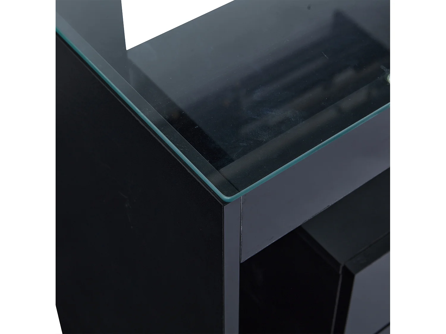 Buffet 140x40x70 cm, 6 tiroirs, LED 16 couleurs, plateau en verre trempé, panneaux de particules noir brillant