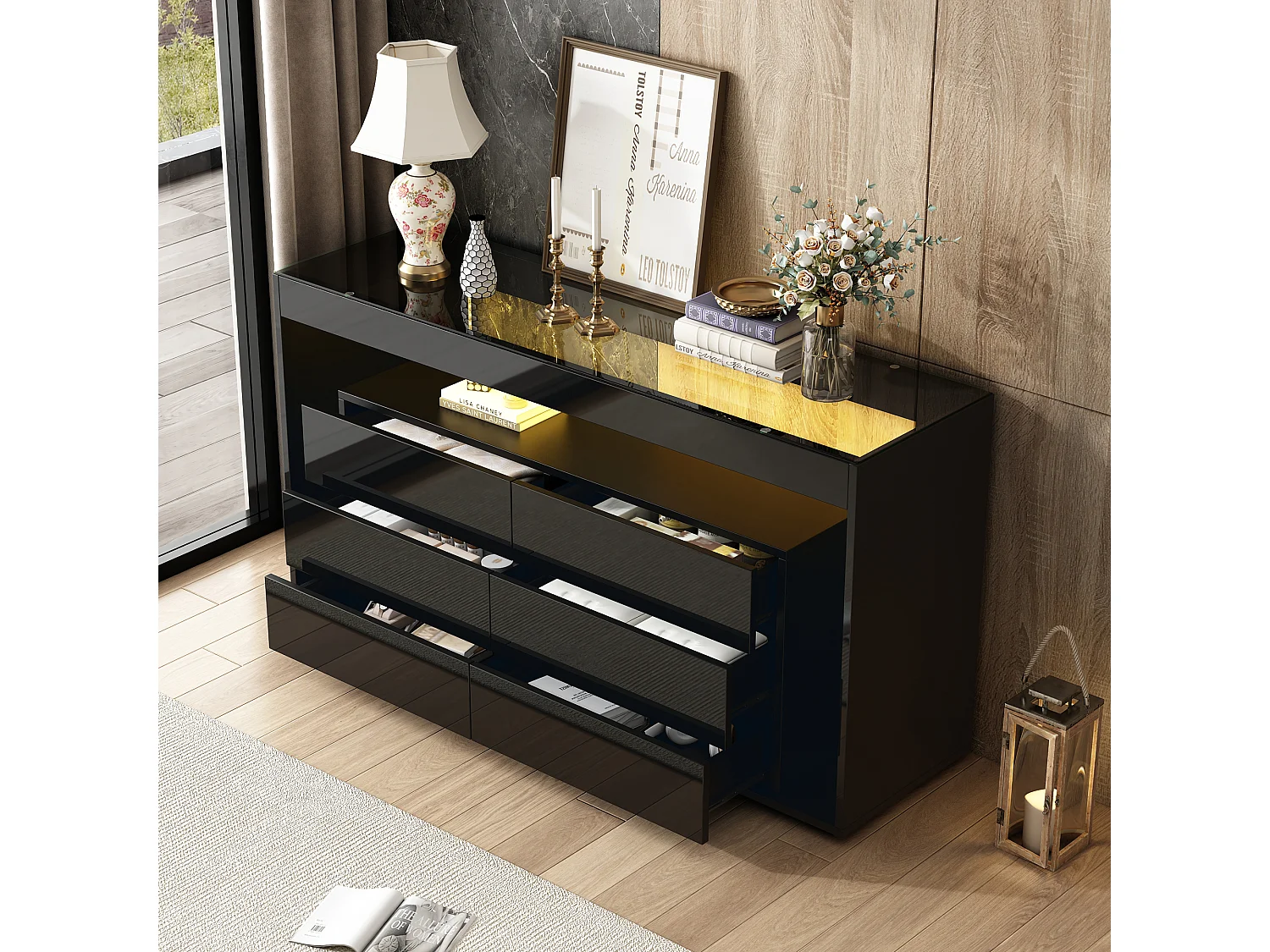 Buffet 140x40x70 cm, 6 tiroirs, LED 16 couleurs, plateau en verre trempé, panneaux de particules noir brillant