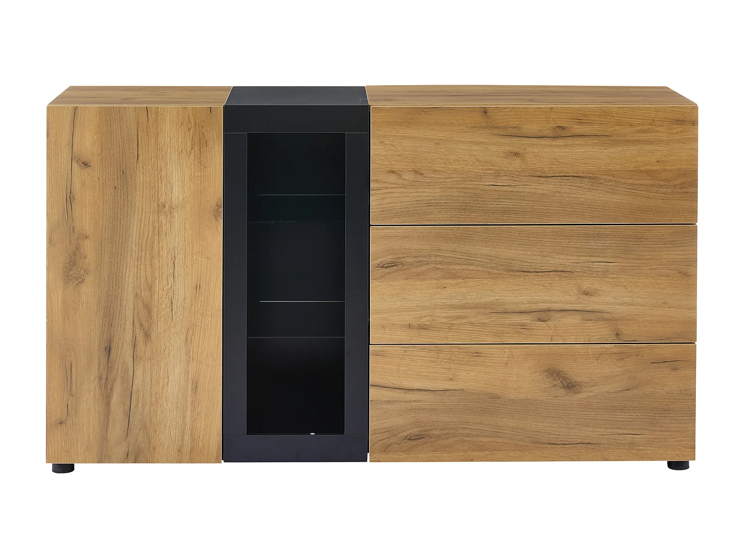 Buffet 140x40x80 cm  LED 1 porte 3 tiroirs 2 étagères en verre - meuble de rangement bois - marron