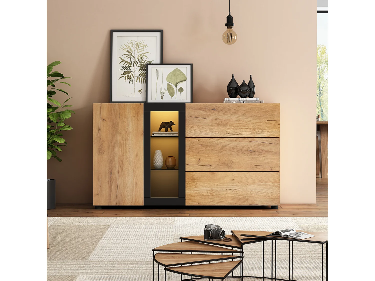 Buffet 140x40x80 cm  LED 1 porte 3 tiroirs 2 étagères en verre - meuble de rangement bois - marron