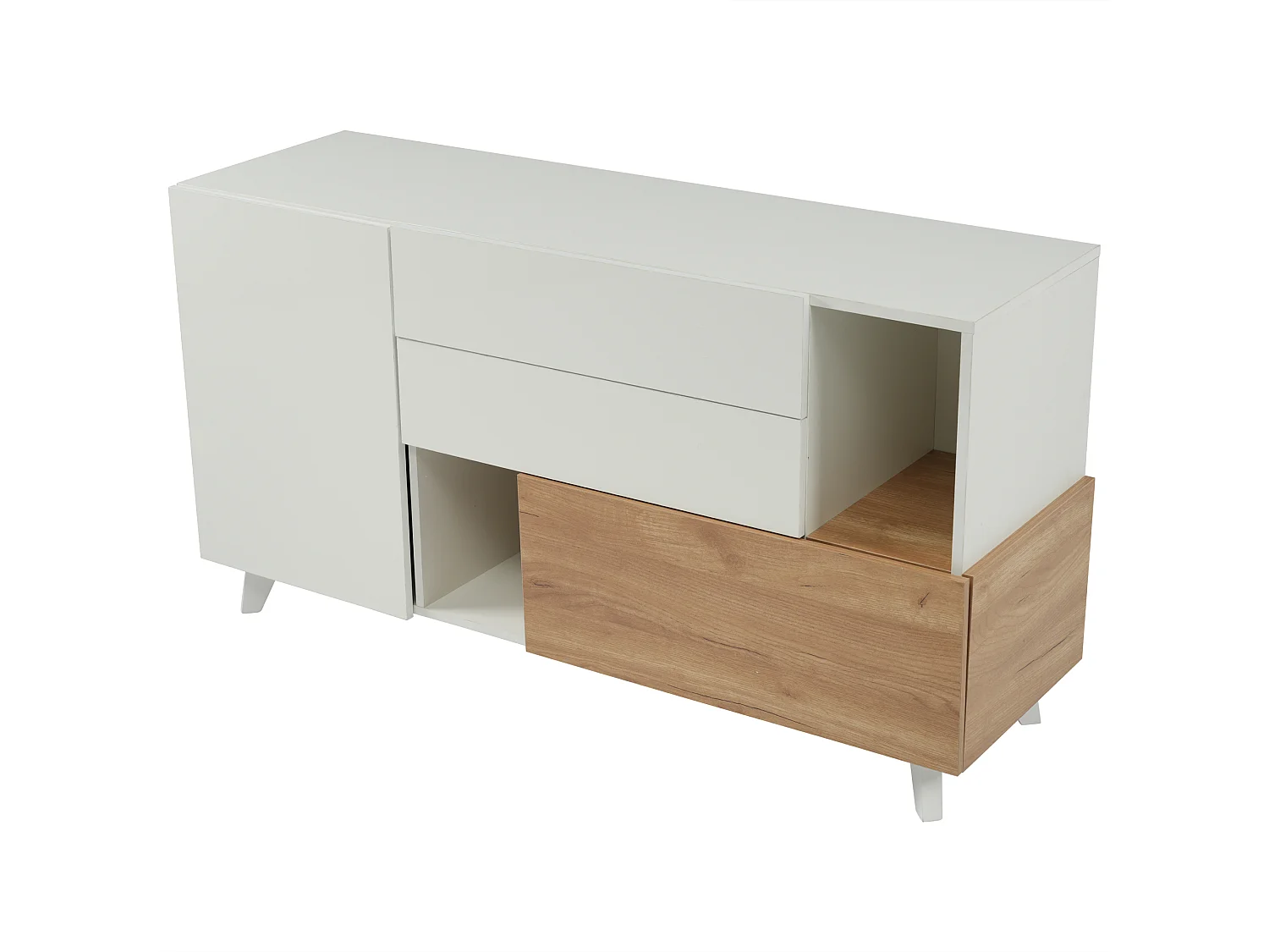 Buffet 130x40x70 cm, rangement modulable, 2 tiroirs, 2 portes et niche ouverte, panneaux de particules blanc et chêne clair