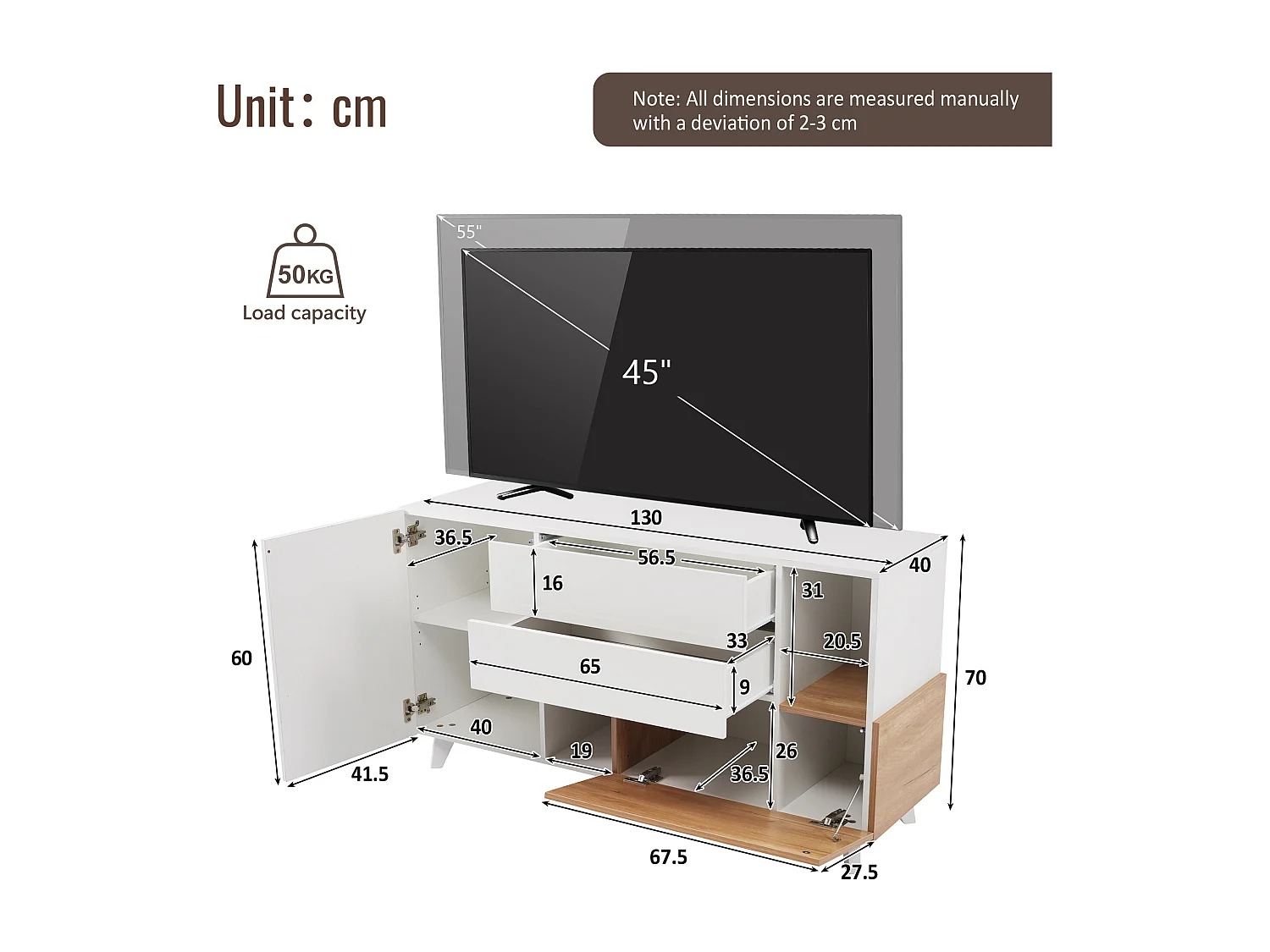 Buffet 130x40x70 cm, rangement modulable, 2 tiroirs, 2 portes et niche ouverte, panneaux de particules blanc et chêne clair