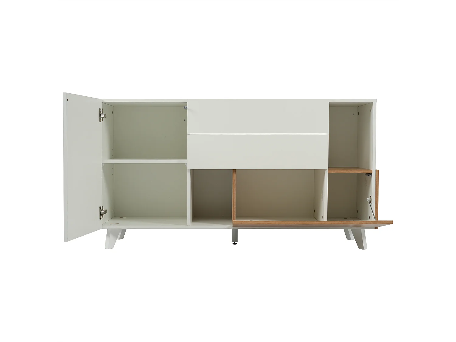 Buffet 130x40x70 cm, rangement modulable, 2 tiroirs, 2 portes et niche ouverte, panneaux de particules blanc et chêne clair