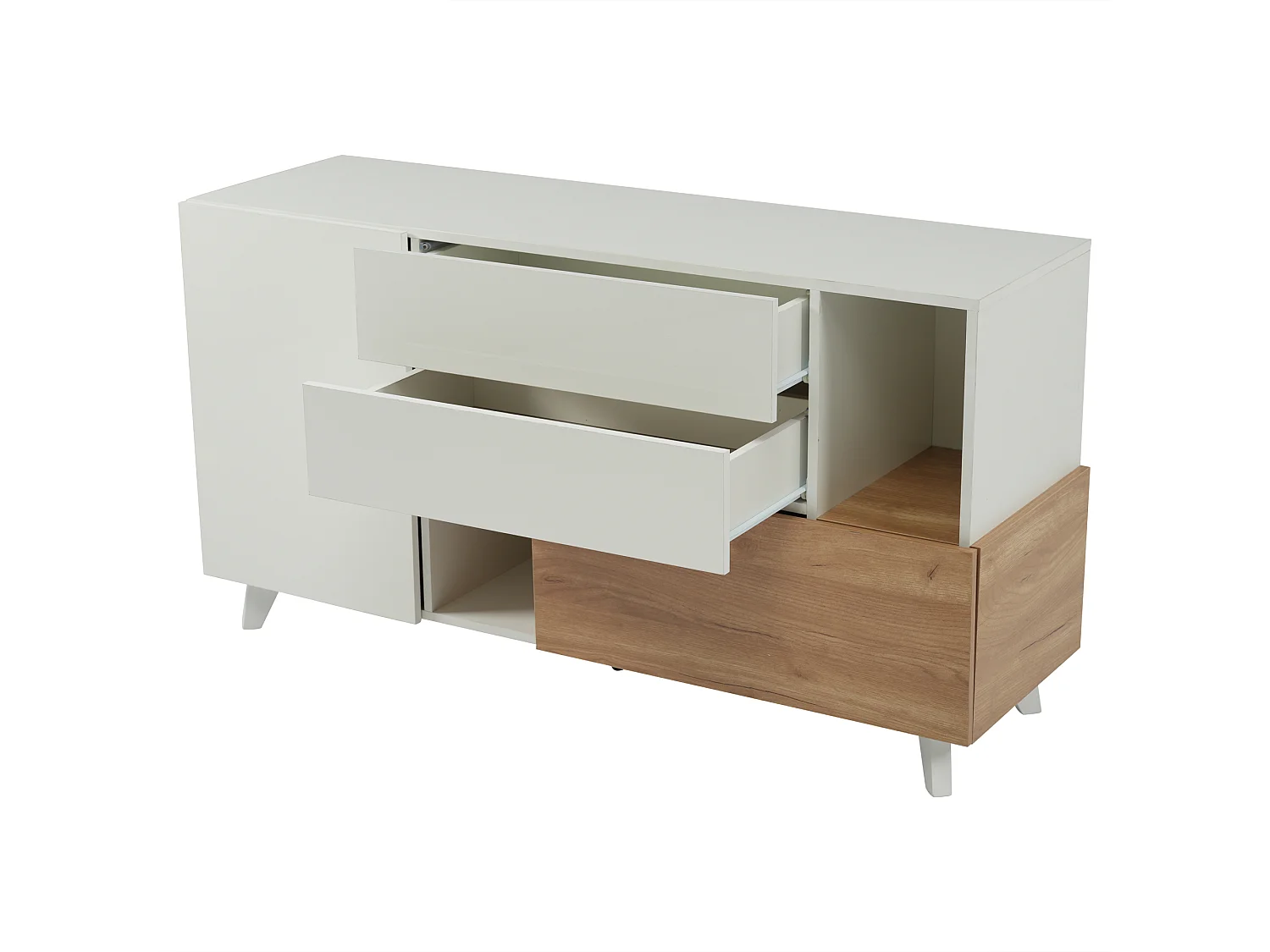 Buffet 130x40x70 cm, rangement modulable, 2 tiroirs, 2 portes et niche ouverte, panneaux de particules blanc et chêne clair