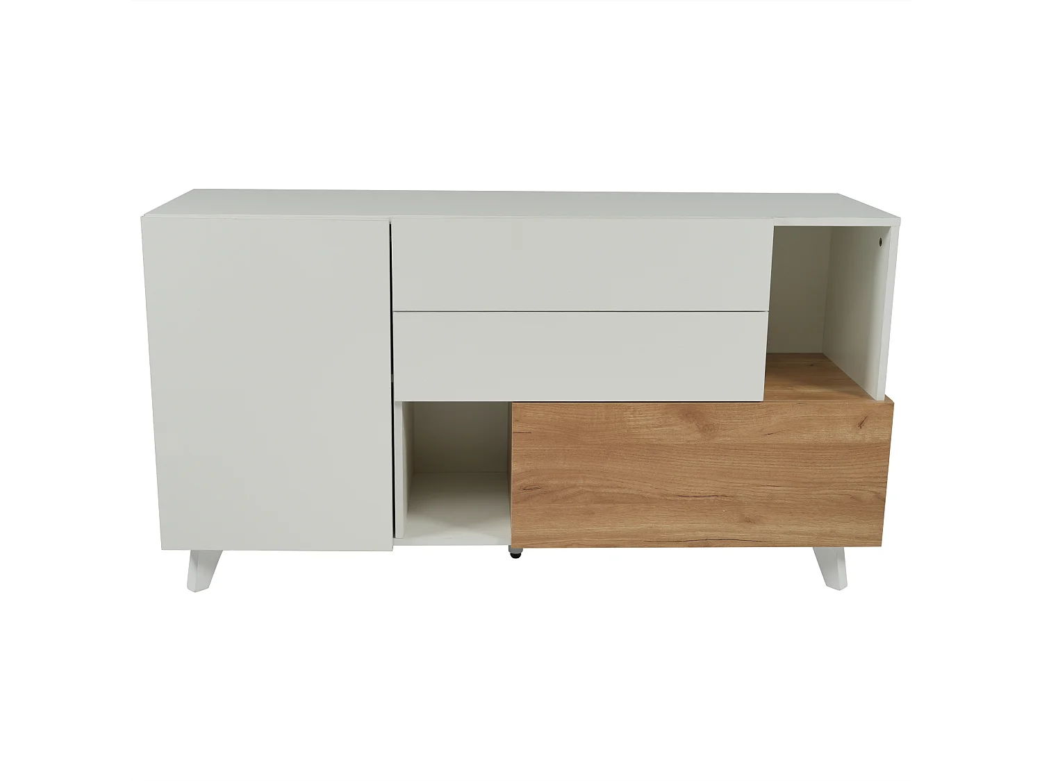 Buffet 130x40x70 cm, rangement modulable, 2 tiroirs, 2 portes et niche ouverte, panneaux de particules blanc et chêne clair