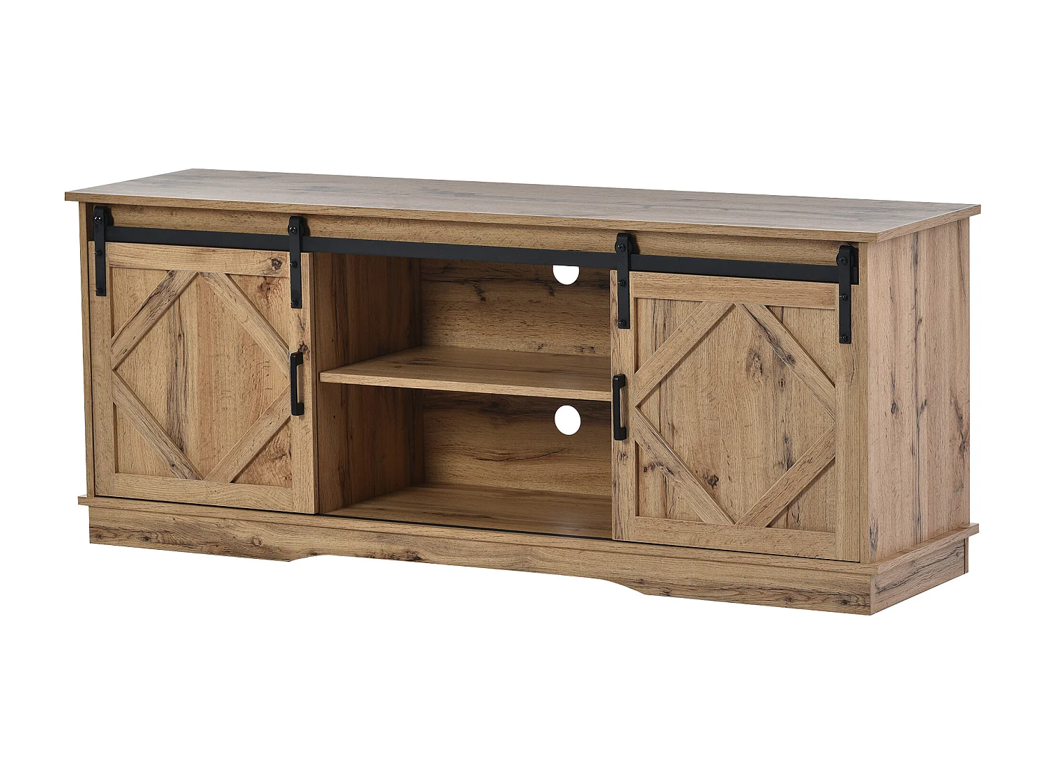 Meuble TV 150x40x60 cm, 2 portes coulissantes, étagères réglables, rangements ouverts, panneau de particules brun