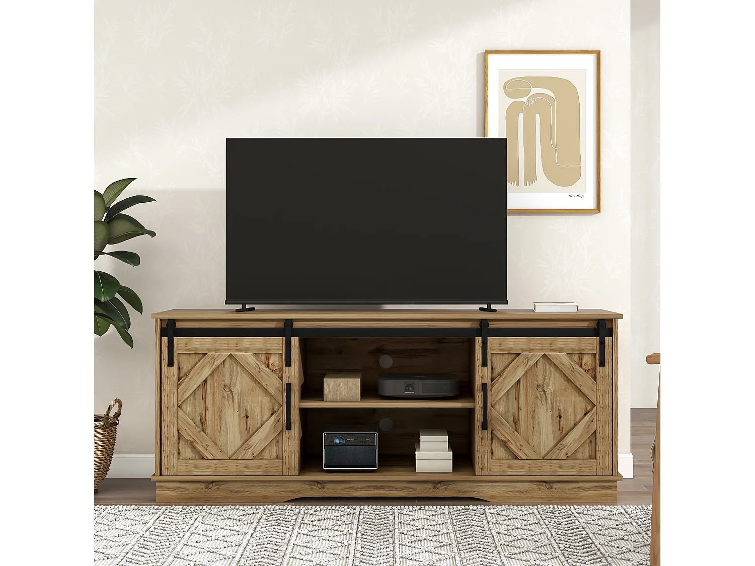 Meuble TV 150x40x60 cm, 2 portes coulissantes, étagères réglables, rangements ouverts, panneau de particules brun