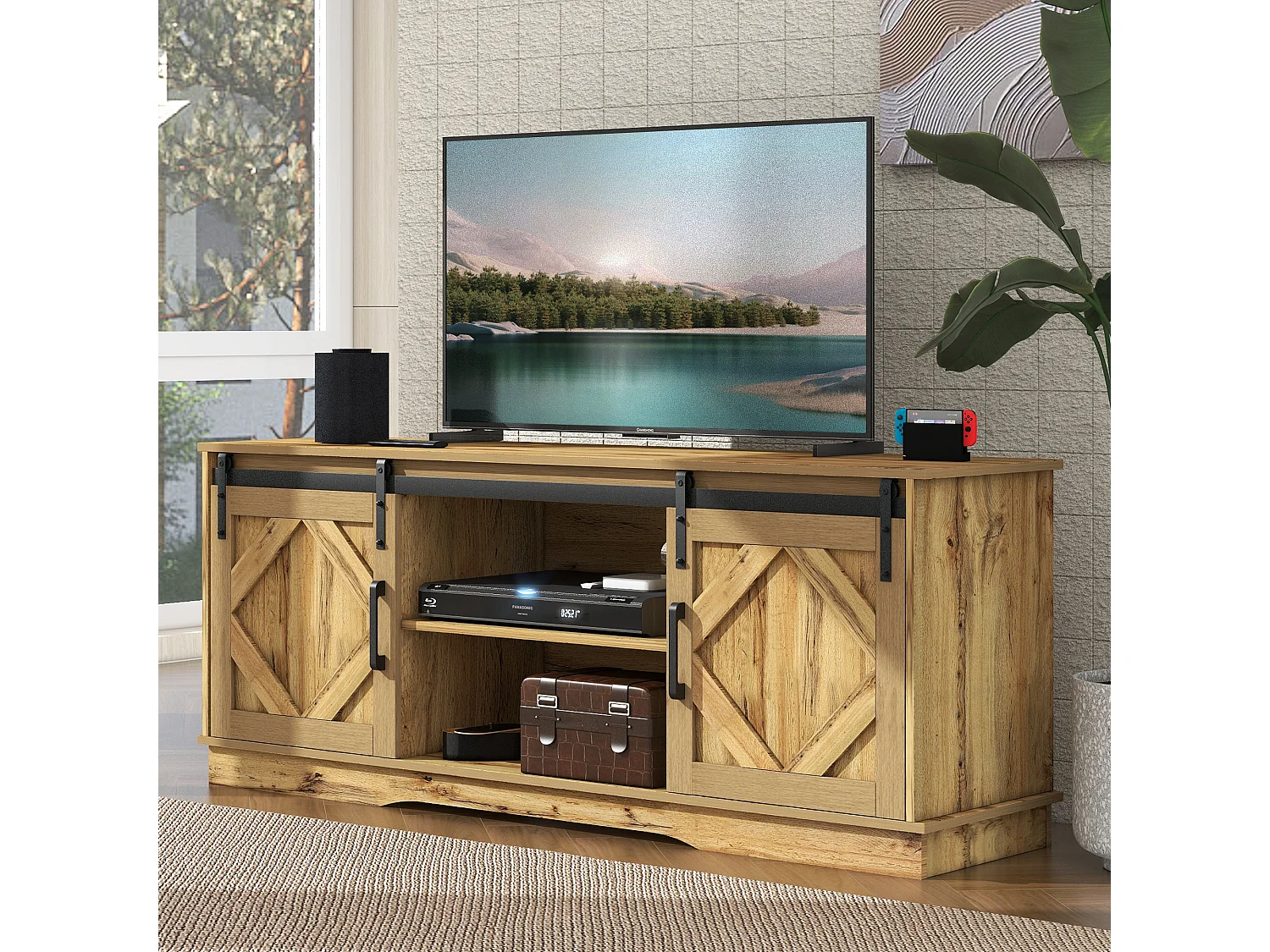 Meuble TV 150x40x60 cm, 2 portes coulissantes, étagères réglables, rangements ouverts, panneau de particules brun