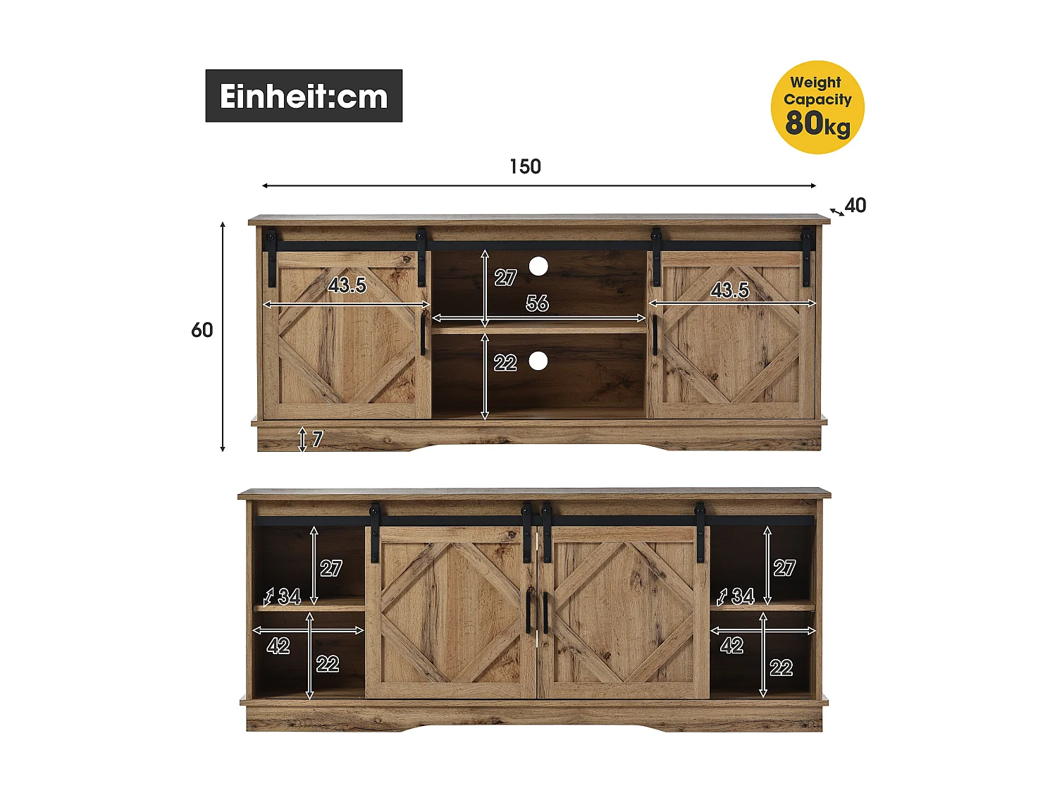 Meuble TV 150x40x60 cm, 2 portes coulissantes, étagères réglables, rangements ouverts, panneau de particules brun