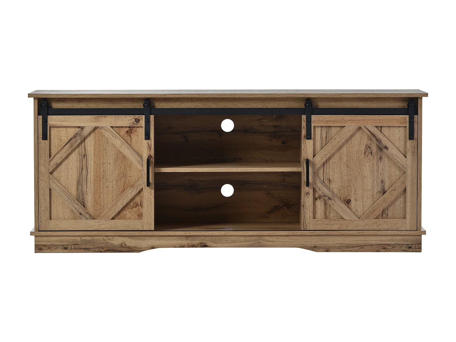 Meuble TV 150x40x60 cm, 2 portes coulissantes, étagères réglables, rangements ouverts, panneau de particules brun