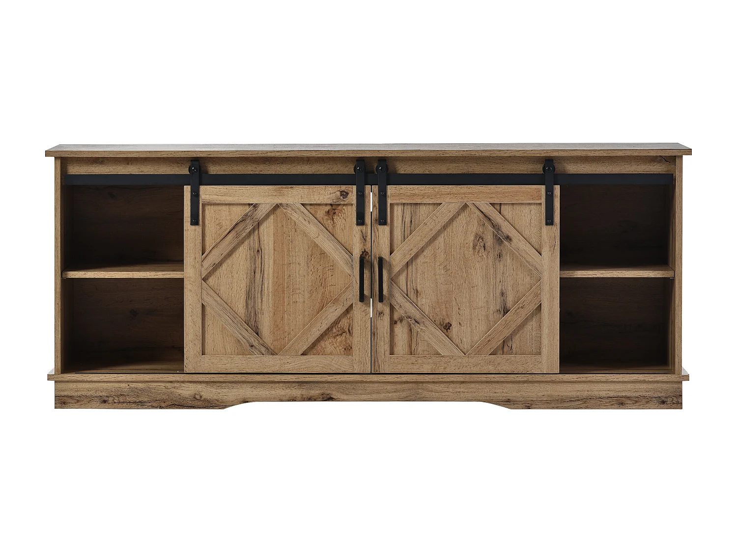 Meuble TV 150x40x60 cm, 2 portes coulissantes, étagères réglables, rangements ouverts, panneau de particules brun
