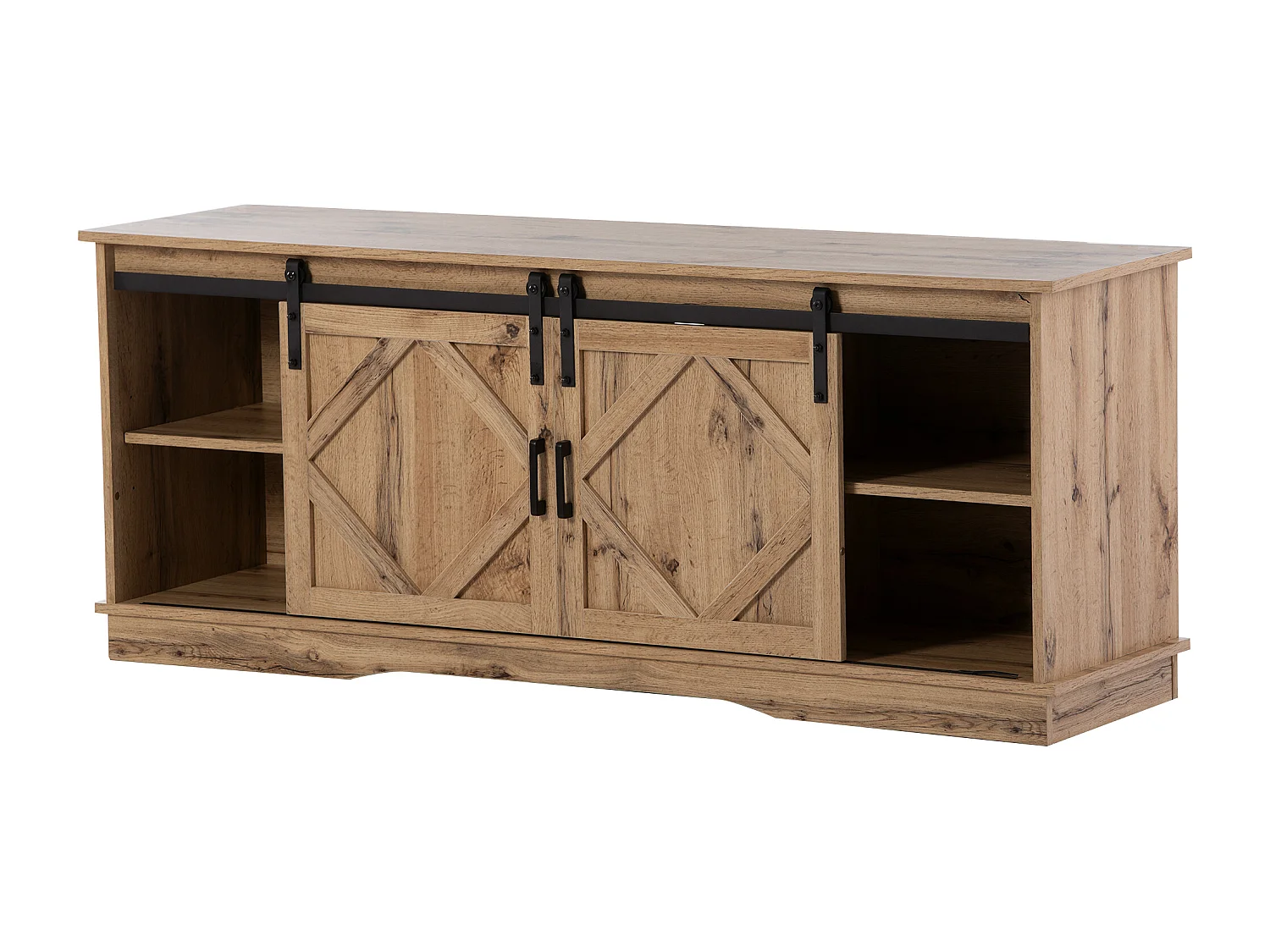 Meuble TV 150x40x60 cm, 2 portes coulissantes, étagères réglables, rangements ouverts, panneau de particules brun