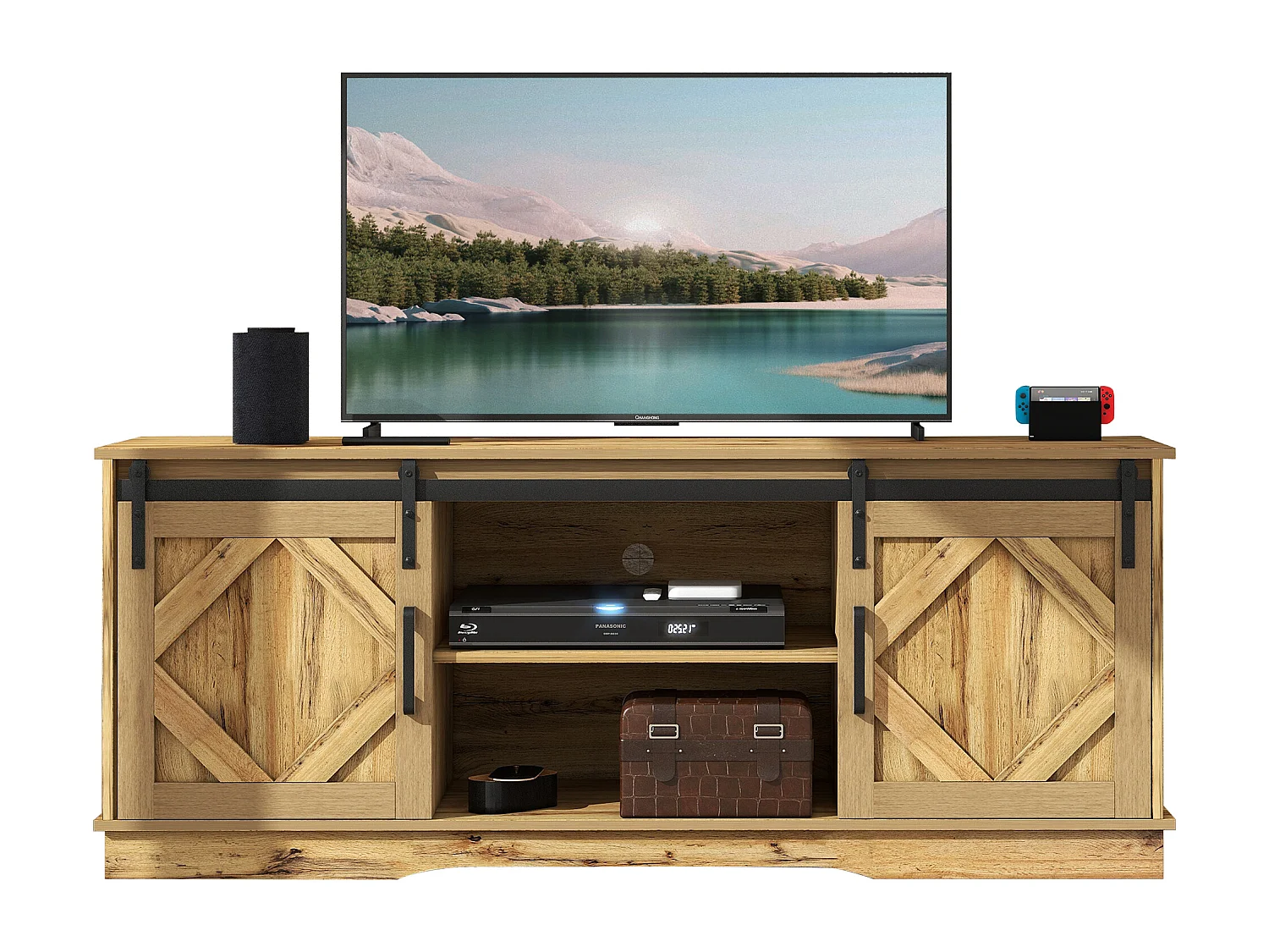 Meuble TV 150x40x60 cm, 2 portes coulissantes, étagères réglables, rangements ouverts, panneau de particules brun