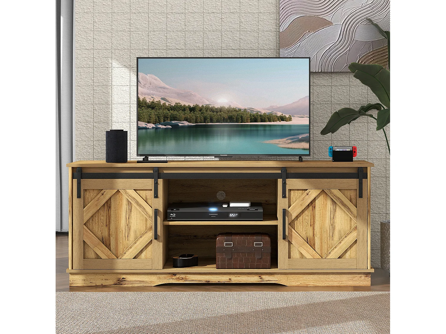 Meuble TV 150x40x60 cm, 2 portes coulissantes, étagères réglables, rangements ouverts, panneau de particules brun