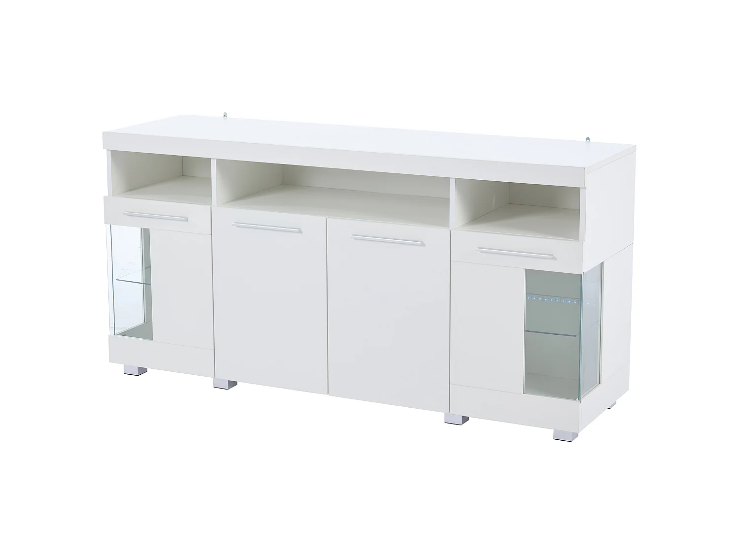 Buffet 140x40x70 cm avec LED en 4 portes et verre décoratif - meuble de rangement - bois - blanc