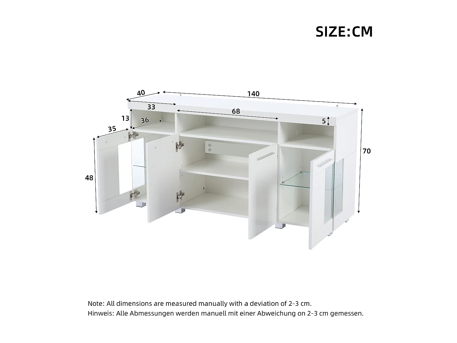 Buffet 140x40x70 cm avec LED en 4 portes et verre décoratif - meuble de rangement - bois - blanc