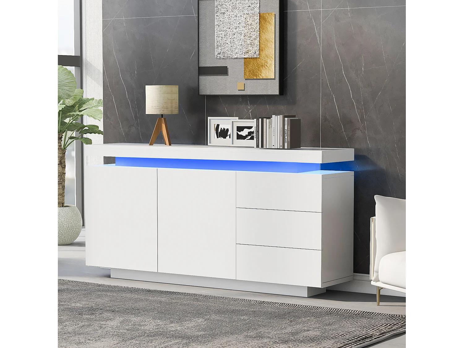 Buffet 140x35x72.5 cm, LED RGB, 2 portes et 3 tiroirs, façades sans poignées, panneaux de particules blancs