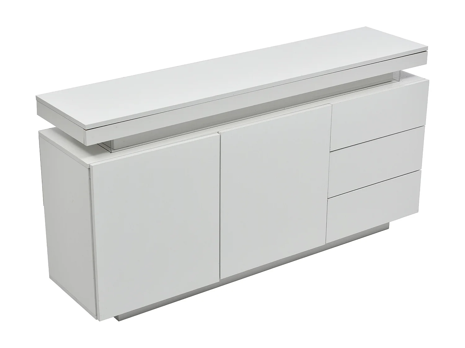 Buffet 140x35x72.5 cm, LED RGB, 2 portes et 3 tiroirs, façades sans poignées, panneaux de particules blancs