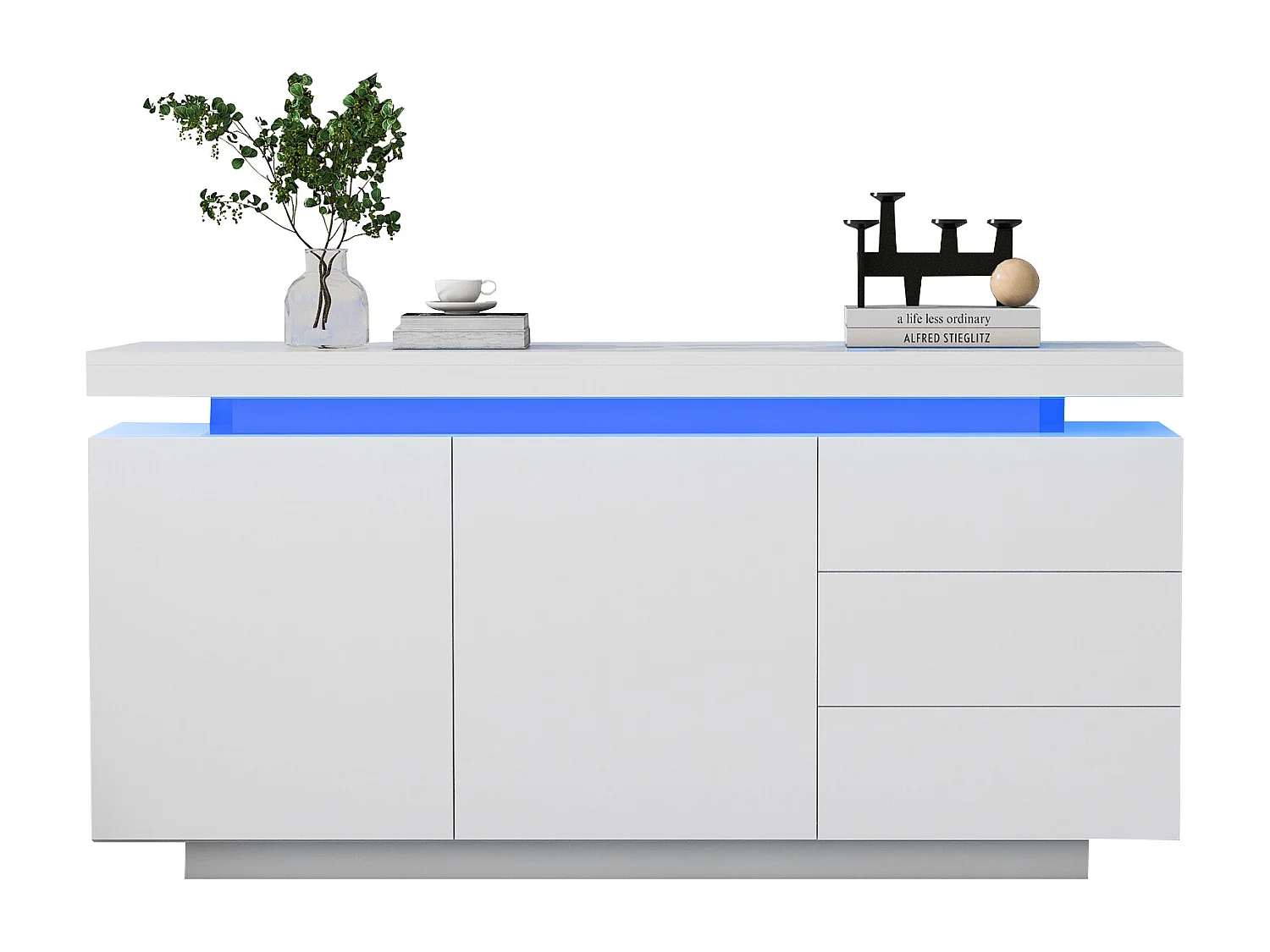 Buffet 140x35x72.5 cm, LED RGB, 2 portes et 3 tiroirs, façades sans poignées, panneaux de particules blancs