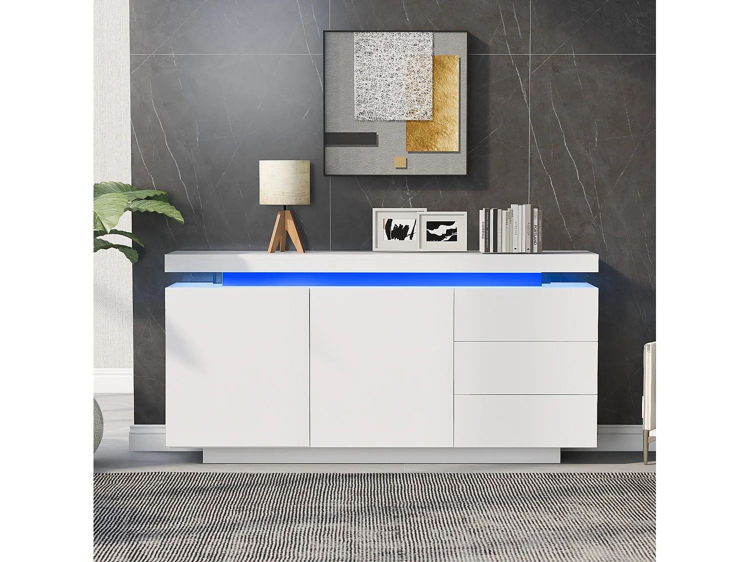 Buffet 140x35x72.5 cm, LED RGB, 2 portes et 3 tiroirs, façades sans poignées, panneaux de particules blancs