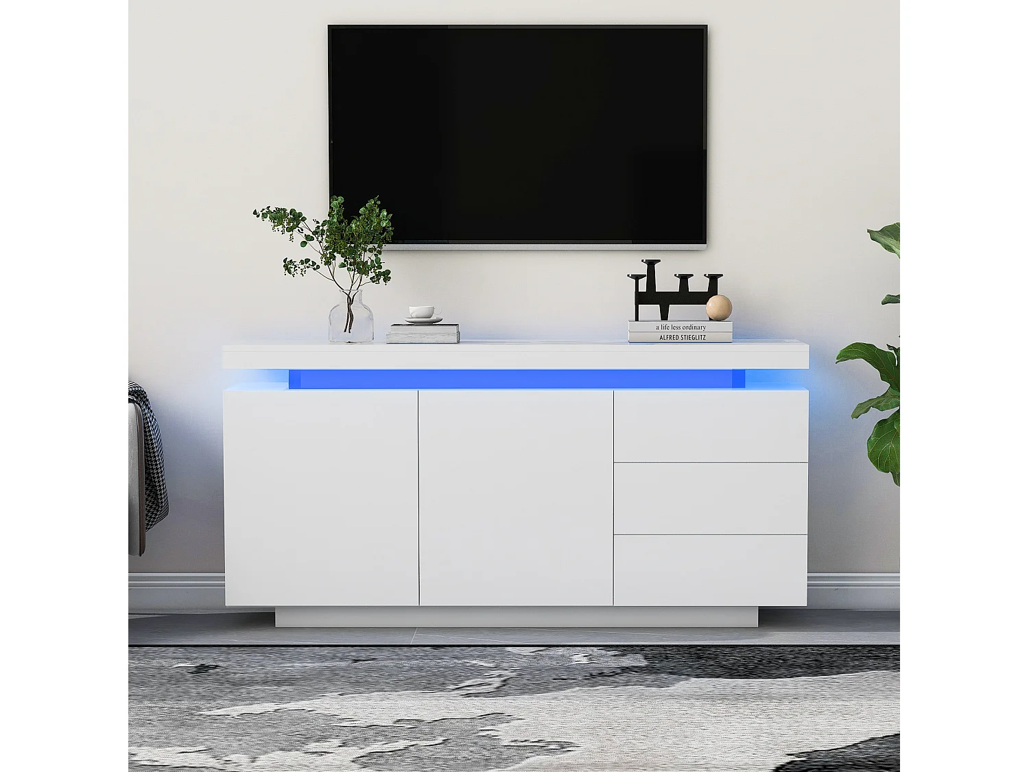 Buffet 140x35x72.5 cm, LED RGB, 2 portes et 3 tiroirs, façades sans poignées, panneaux de particules blancs