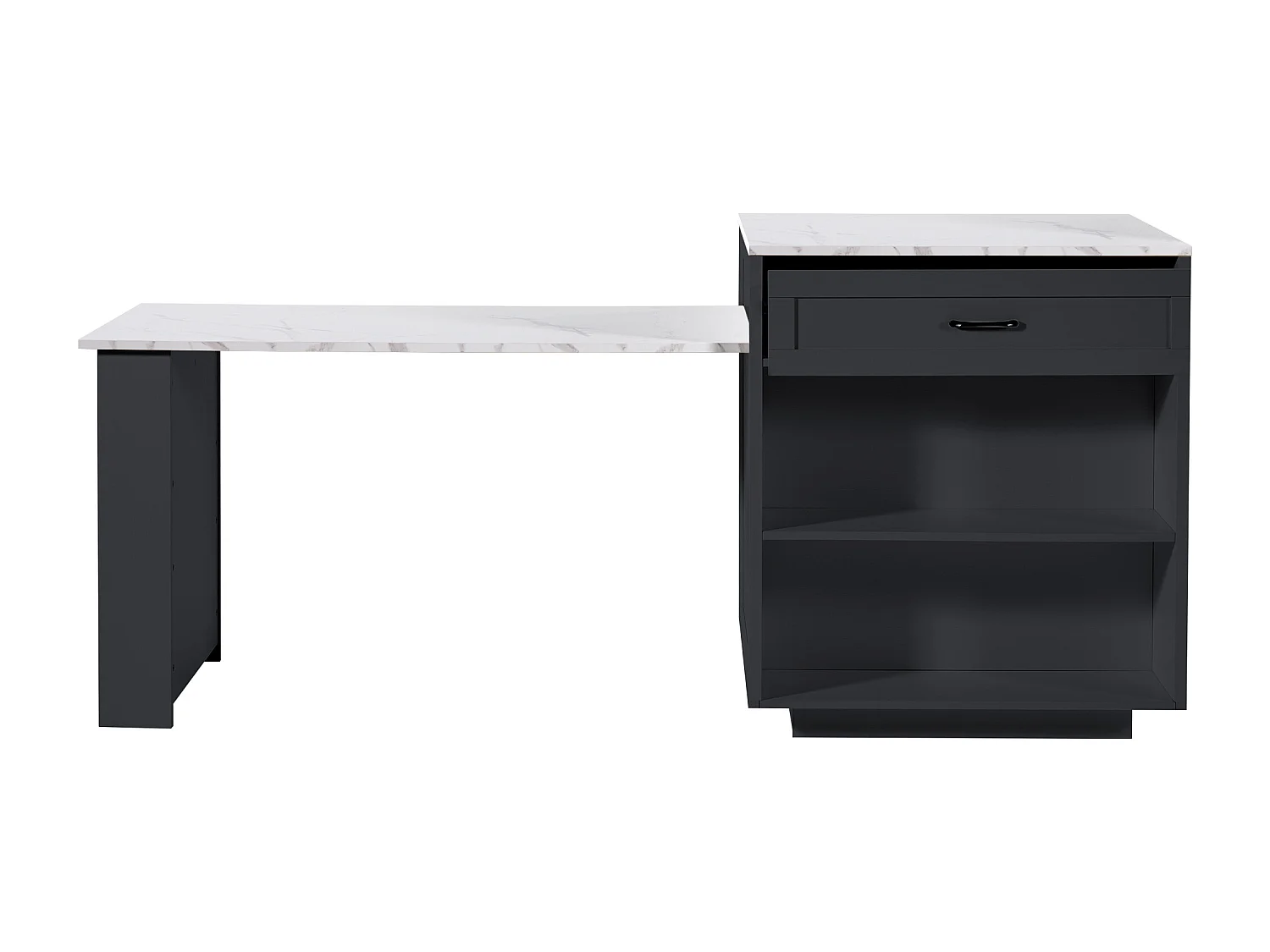 Table de bar 133x70x93.5 cm, extensible à 202 cm, rangement avec tiroir et étagères, MDF noir