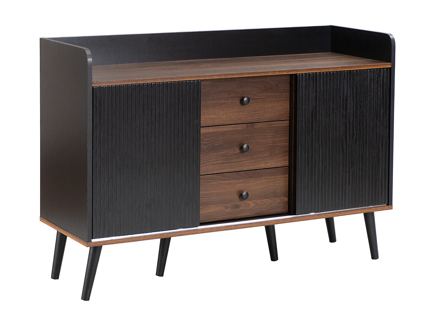 Buffet 117.5x40x80 cm, 2 portes coulissantes striées, 3 tiroirs, étagères réglables, MDF, panneau de particules, noir et bois