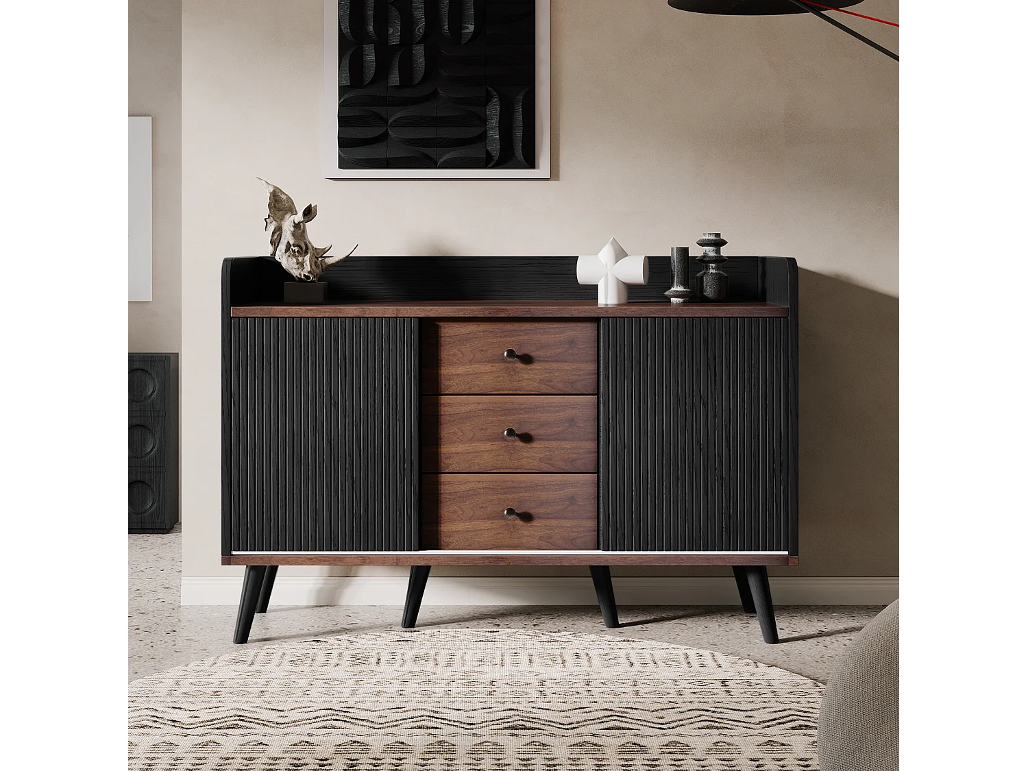 Buffet 117.5x40x80 cm, 2 portes coulissantes striées, 3 tiroirs, étagères réglables, MDF, panneau de particules, noir et bois