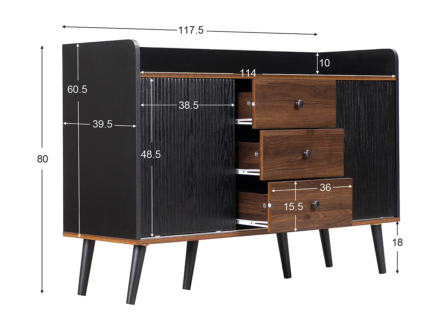 Buffet 117.5x40x80 cm, 2 portes coulissantes striées, 3 tiroirs, étagères réglables, MDF, panneau de particules, noir et bois
