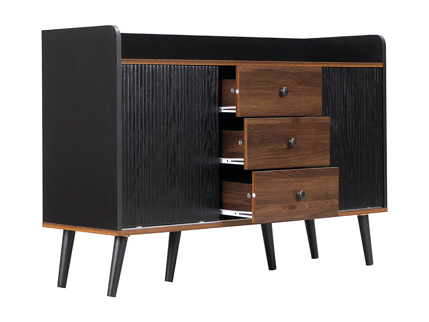 Buffet 117.5x40x80 cm, 2 portes coulissantes striées, 3 tiroirs, étagères réglables, MDF, panneau de particules, noir et bois