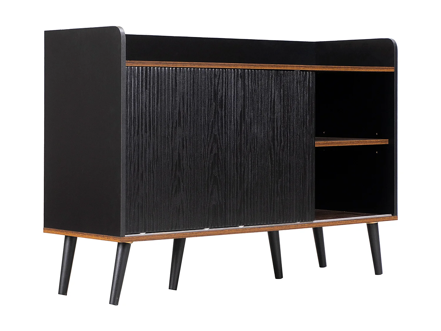 Buffet 117.5x40x80 cm, 2 portes coulissantes striées, 3 tiroirs, étagères réglables, MDF, panneau de particules, noir et bois