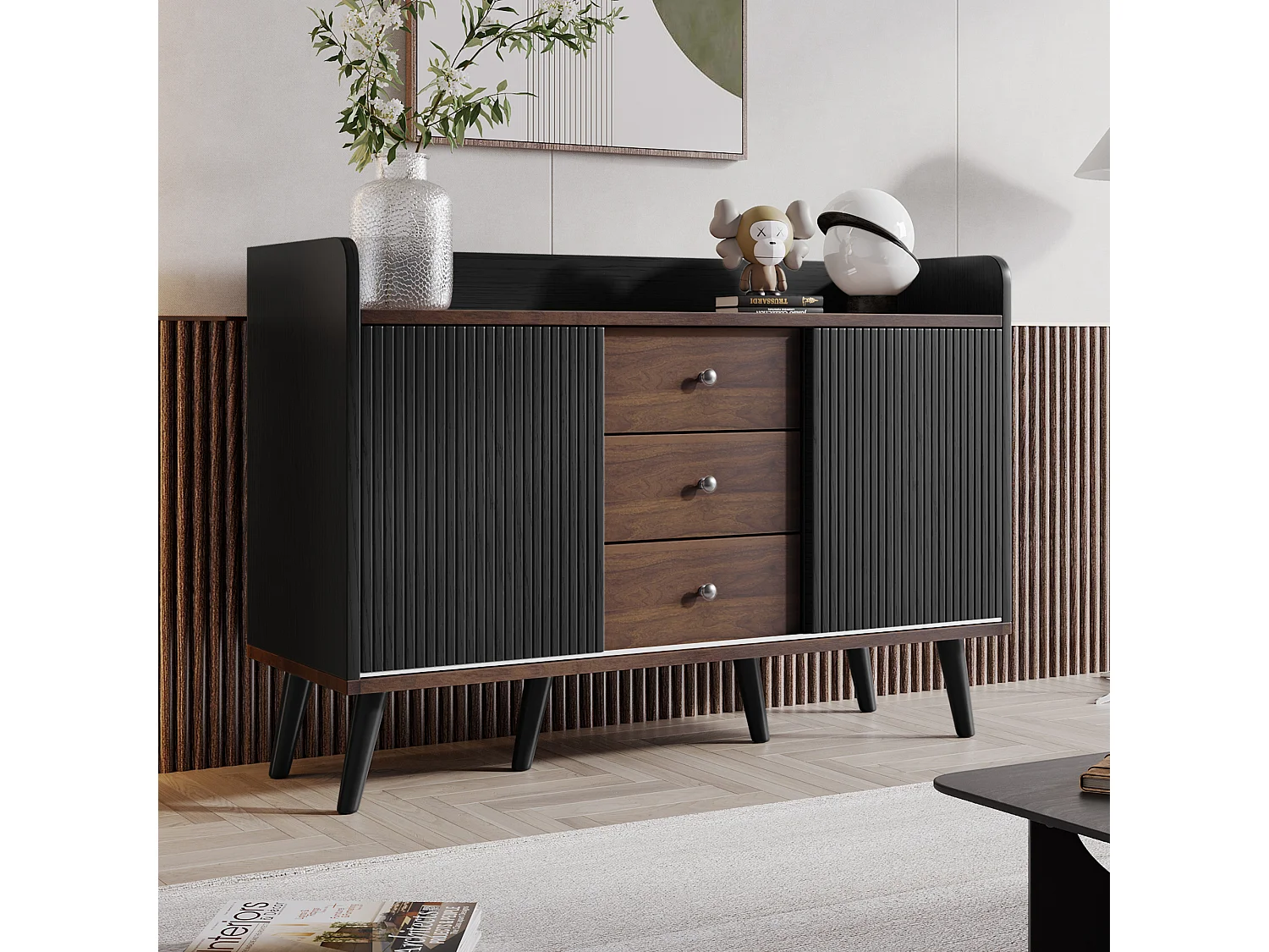 Buffet 117.5x40x80 cm, 2 portes coulissantes striées, 3 tiroirs, étagères réglables, MDF, panneau de particules, noir et bois