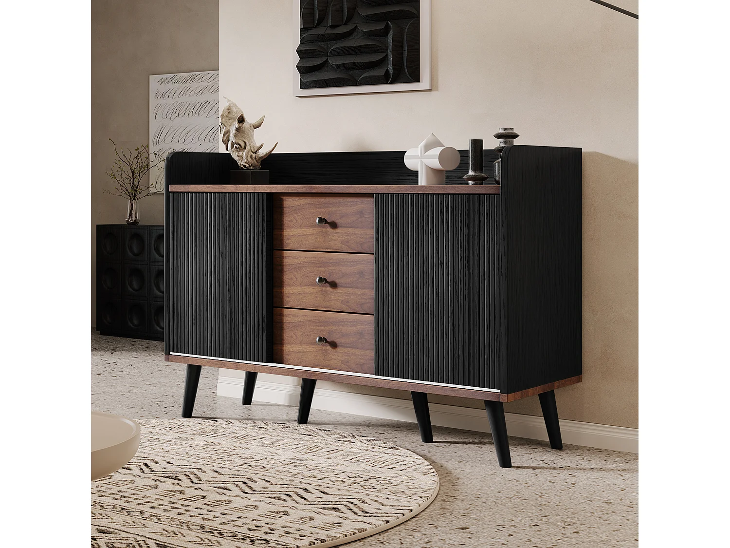 Buffet 117.5x40x80 cm, 2 portes coulissantes striées, 3 tiroirs, étagères réglables, MDF, panneau de particules, noir et bois