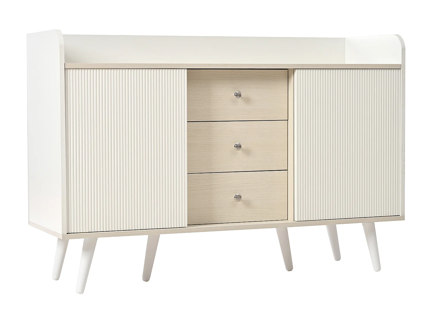 Buffet 117.5x39.5x79 cm, 2 portes coulissantes rayées, 3 tiroirs, étagères réglables, MDF blanc et bois