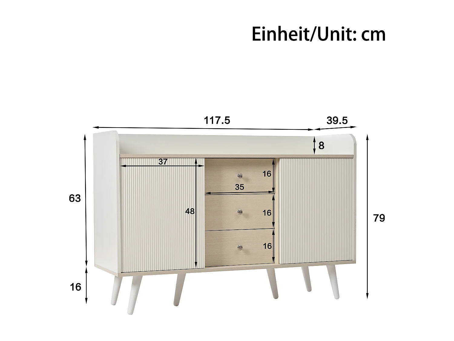 Buffet 117.5x39.5x79 cm, 2 portes coulissantes rayées, 3 tiroirs, étagères réglables, MDF blanc et bois