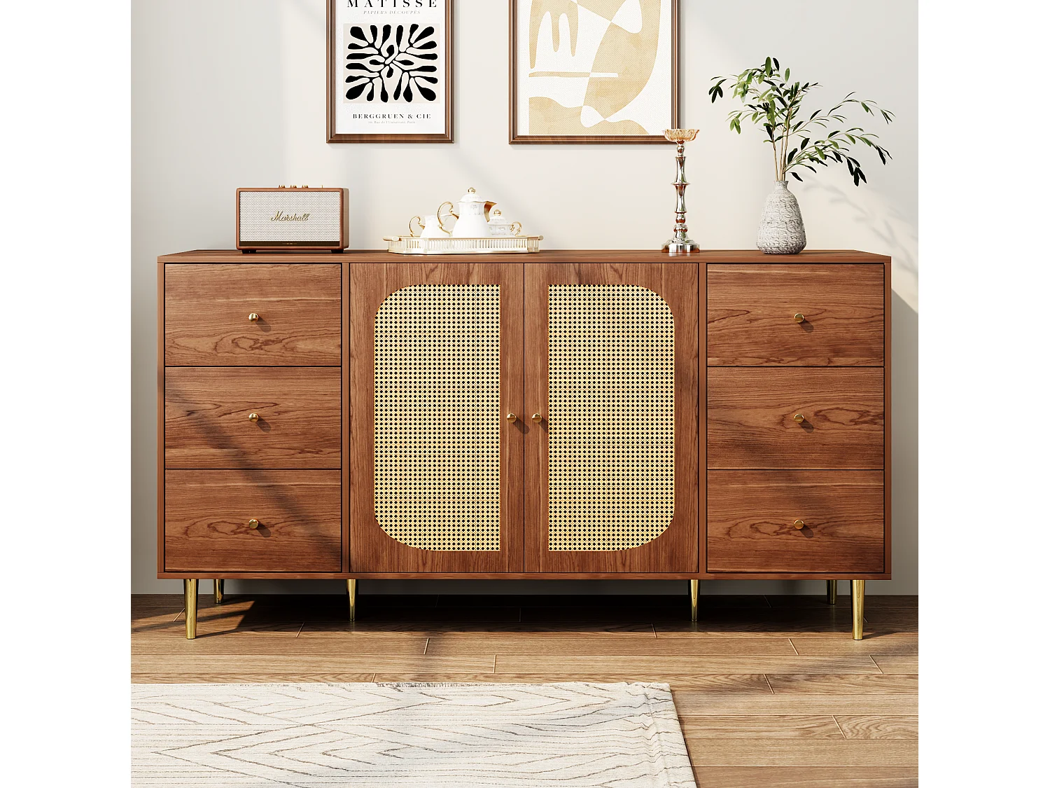 Buffet 160x40x75 cm 2 portes en rotin 6 tiroirs rangement - poignées et pieds en doré - marron