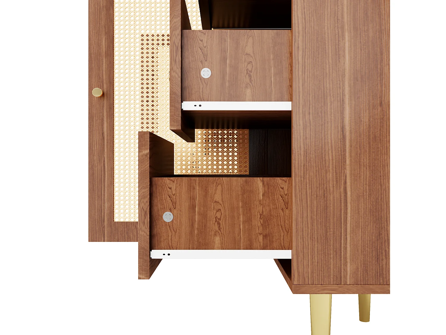 Buffet 160x40x75 cm 2 portes en rotin 6 tiroirs rangement - poignées et pieds en doré - marron