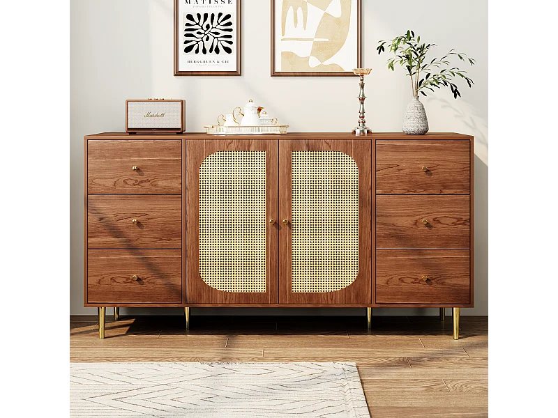 Buffet 160x40x75 cm 2 portes en rotin 6 tiroirs rangement - poignées et pieds en doré - marron
