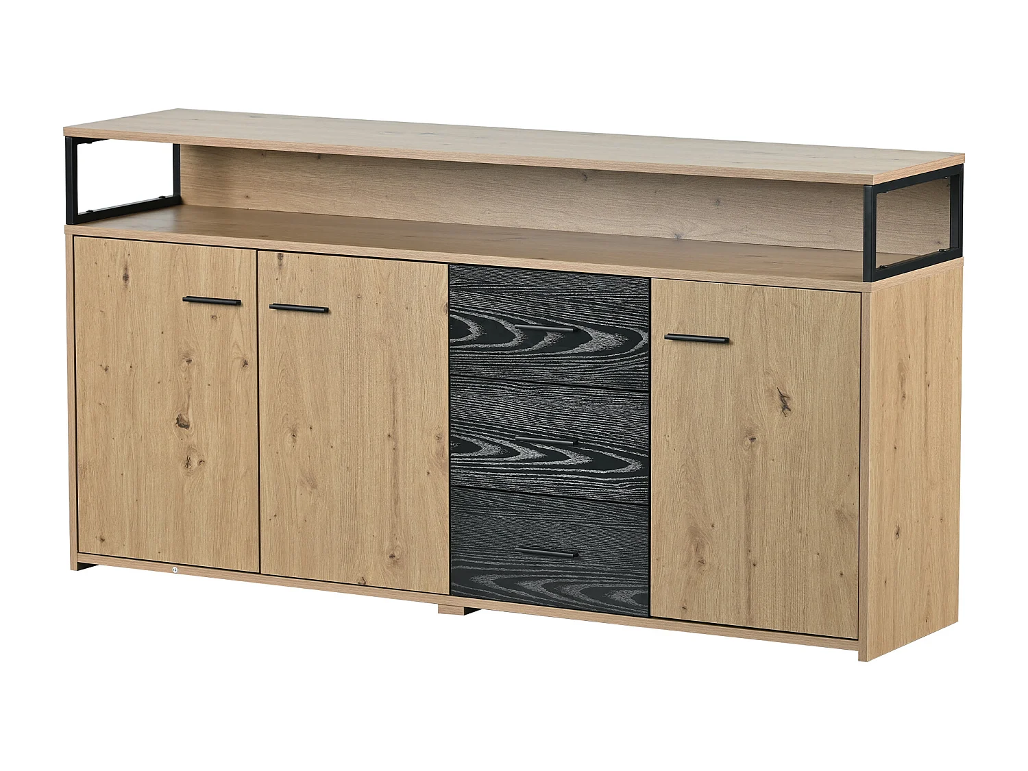 Buffet 150x35x75.9 cm, 3 portes et 3 tiroirs, étagères réglables, rangement ouvert, panneau de particules noir marron