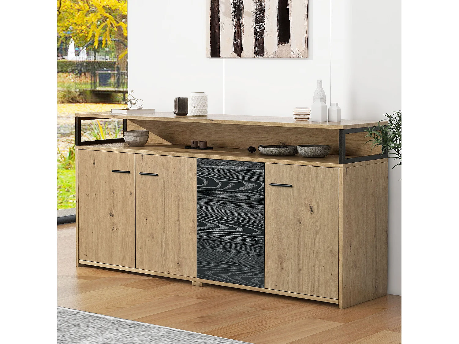 Buffet 150x35x75.9 cm, 3 portes et 3 tiroirs, étagères réglables, rangement ouvert, panneau de particules noir marron