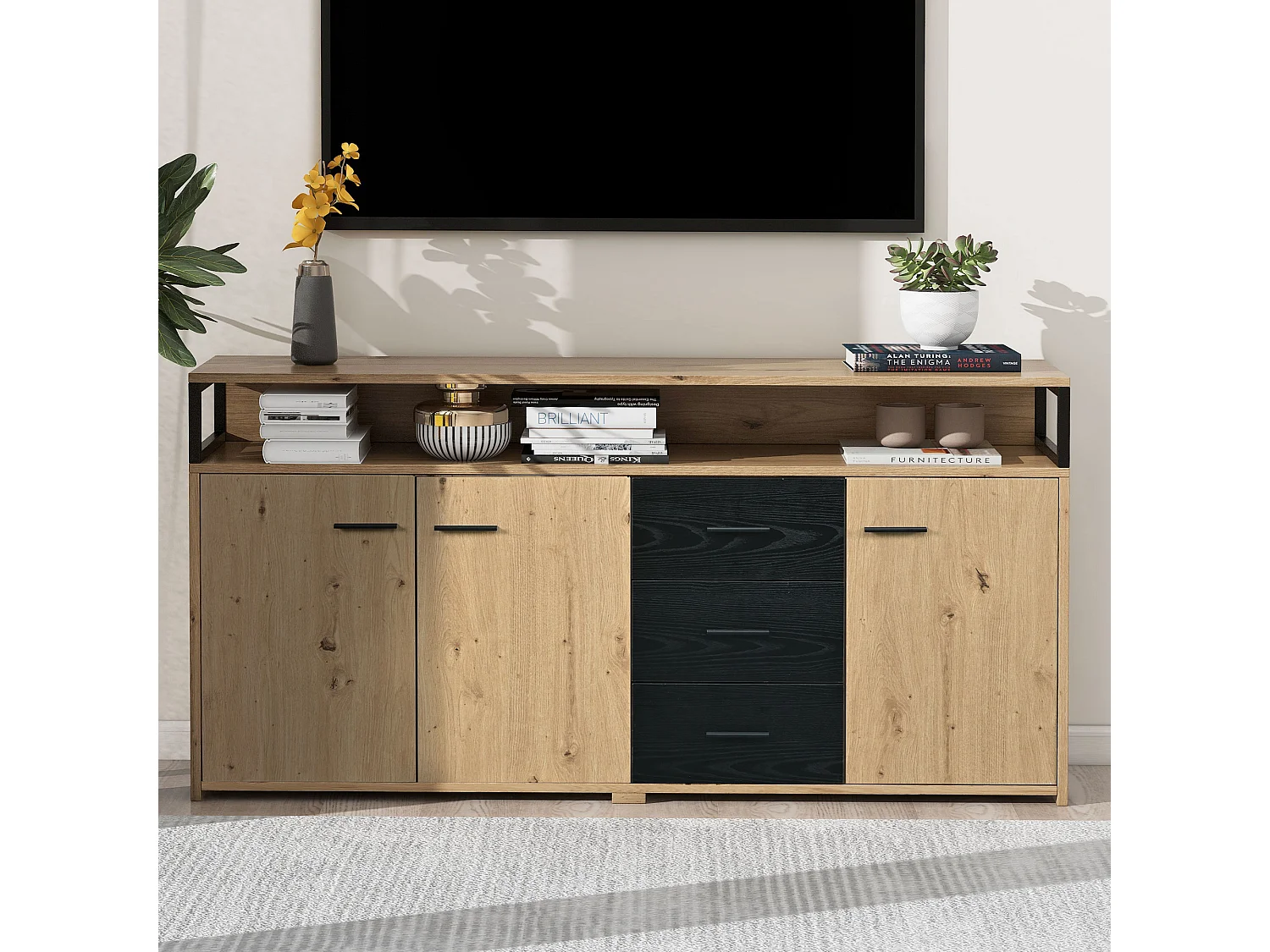 Buffet 150x35x75.9 cm, 3 portes et 3 tiroirs, étagères réglables, rangement ouvert, panneau de particules noir marron