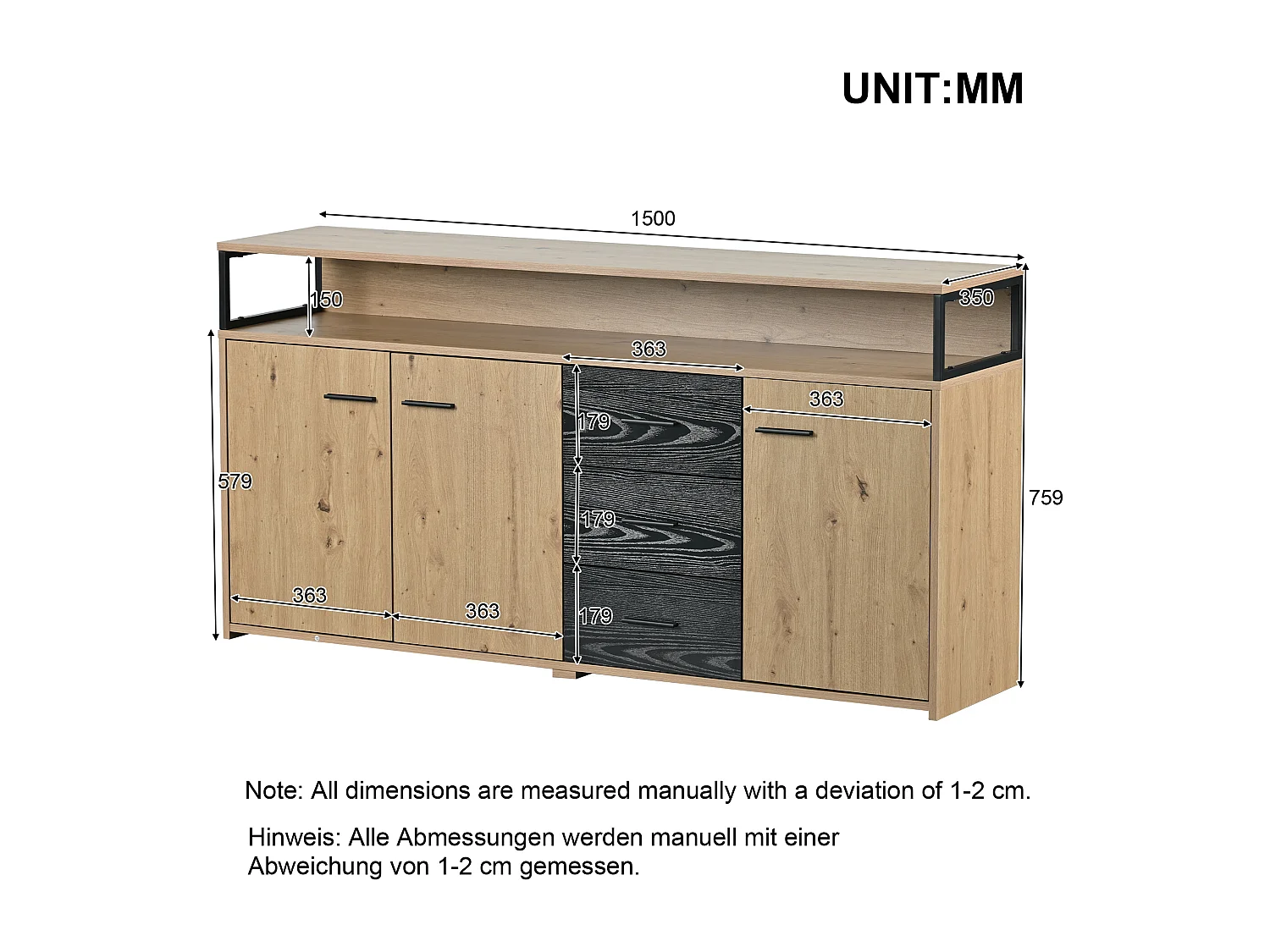 Buffet 150x35x75.9 cm, 3 portes et 3 tiroirs, étagères réglables, rangement ouvert, panneau de particules noir marron