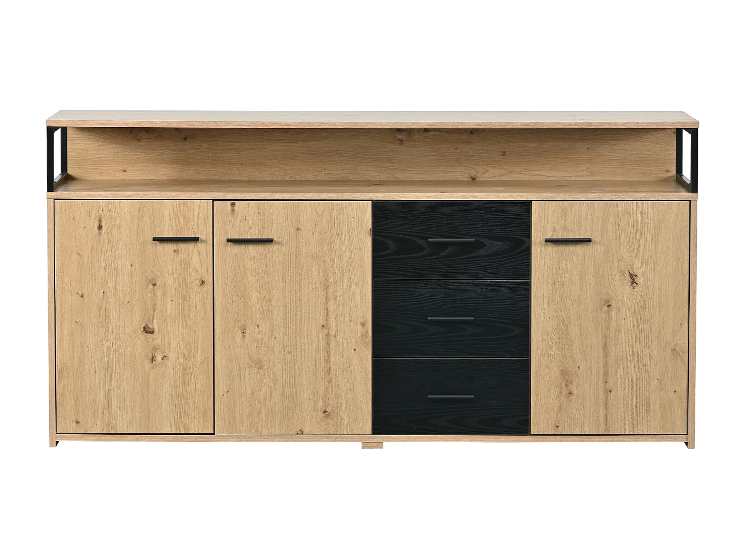 Buffet 150x35x75.9 cm, 3 portes et 3 tiroirs, étagères réglables, rangement ouvert, panneau de particules noir marron