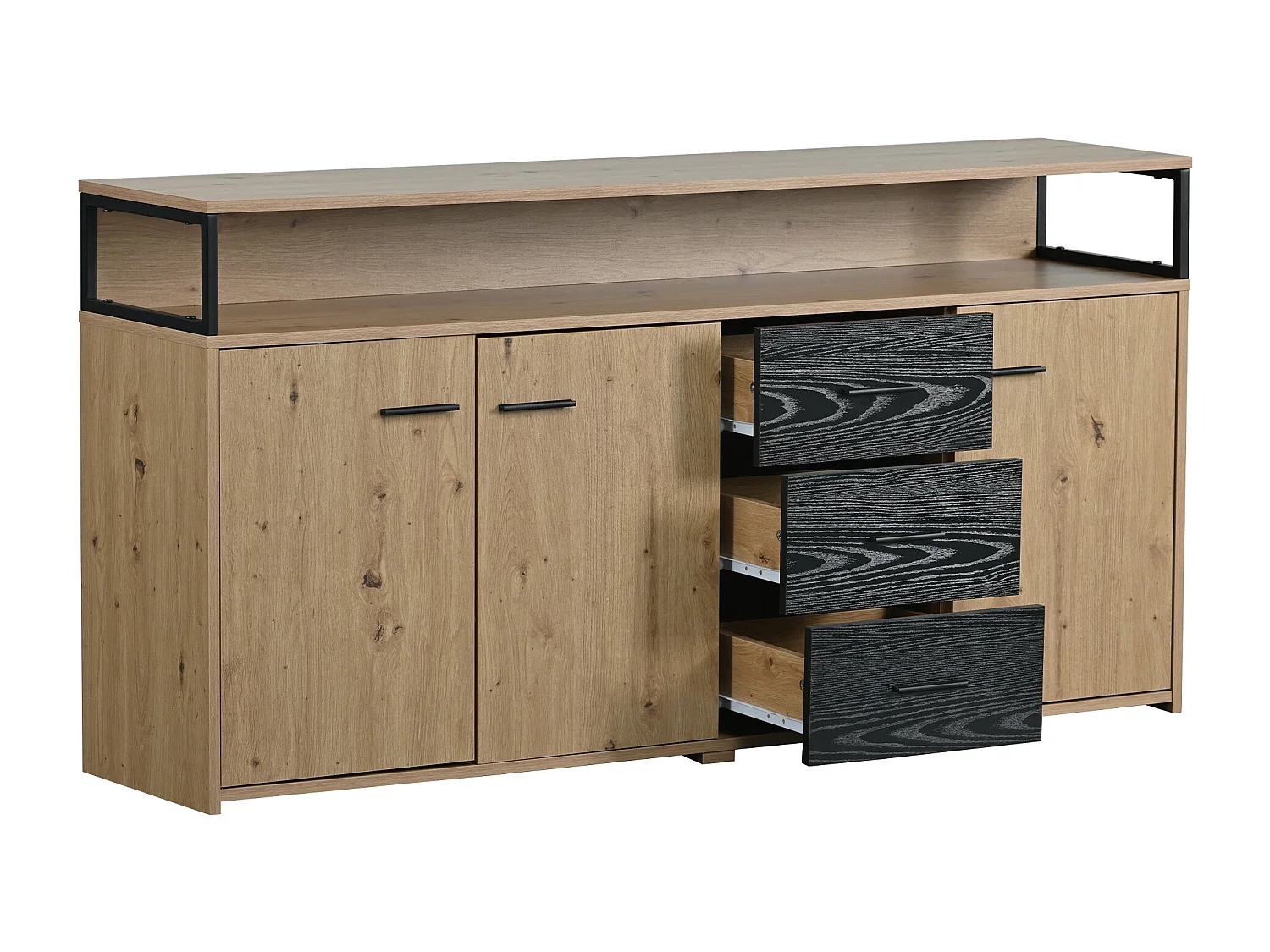 Buffet 150x35x75.9 cm, 3 portes et 3 tiroirs, étagères réglables, rangement ouvert, panneau de particules noir marron
