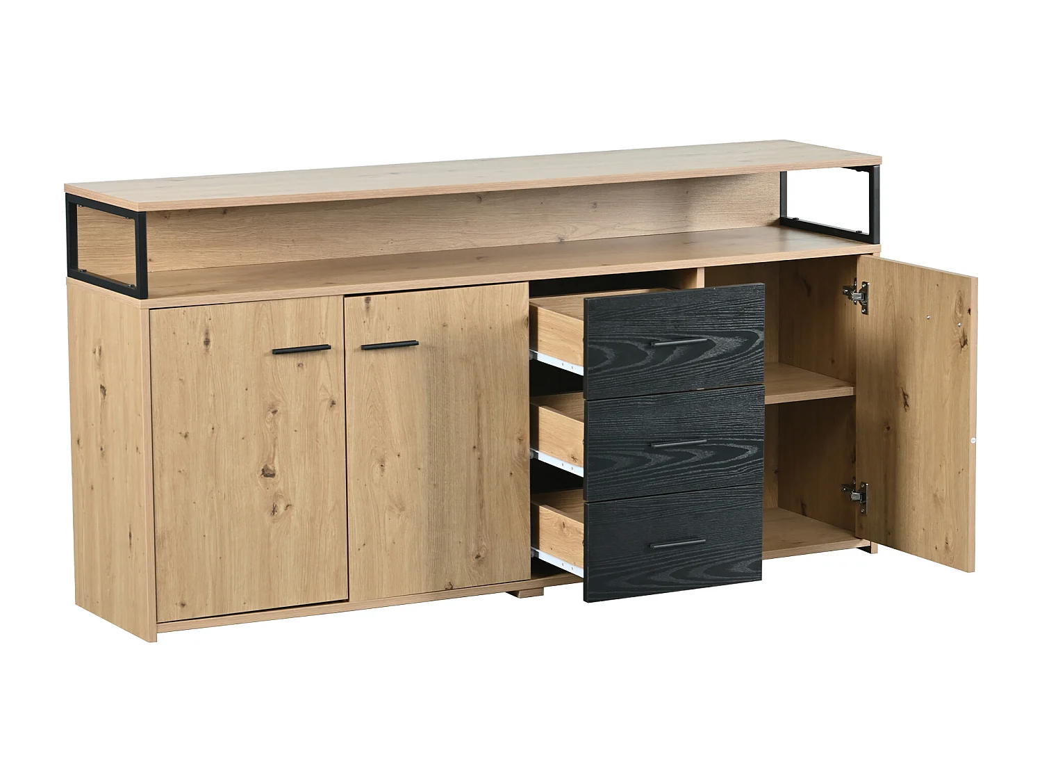 Buffet 150x35x75.9 cm, 3 portes et 3 tiroirs, étagères réglables, rangement ouvert, panneau de particules noir marron