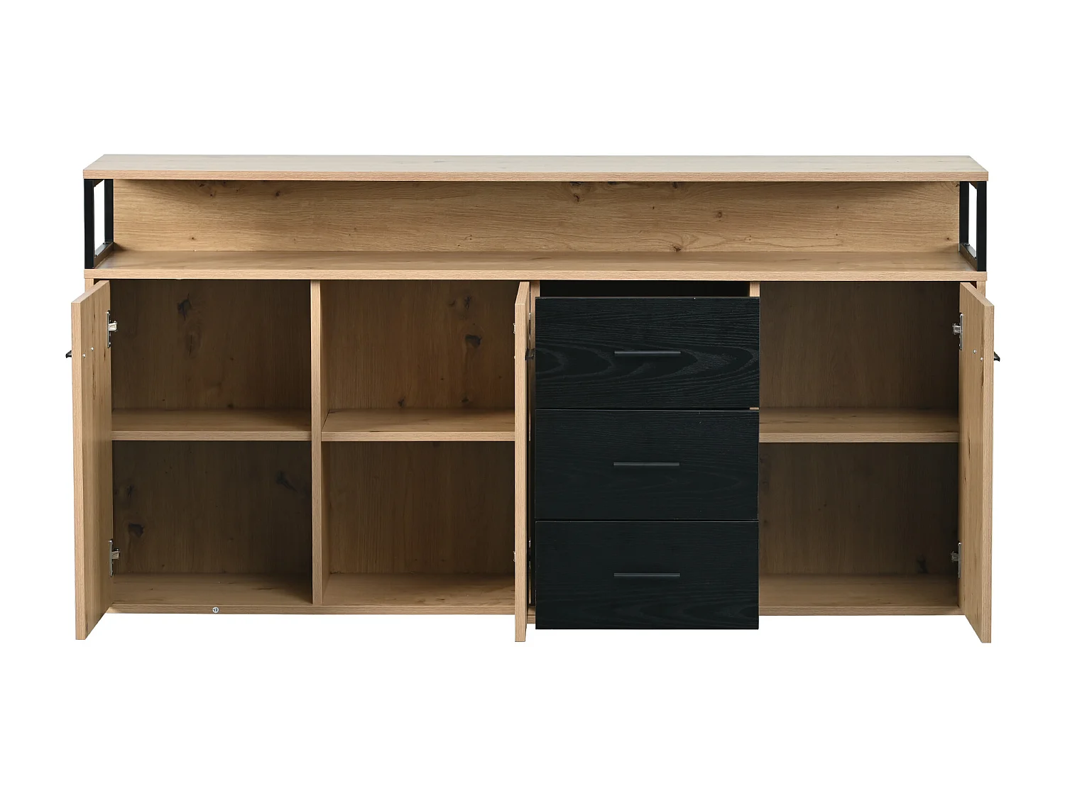 Buffet 150x35x75.9 cm, 3 portes et 3 tiroirs, étagères réglables, rangement ouvert, panneau de particules noir marron