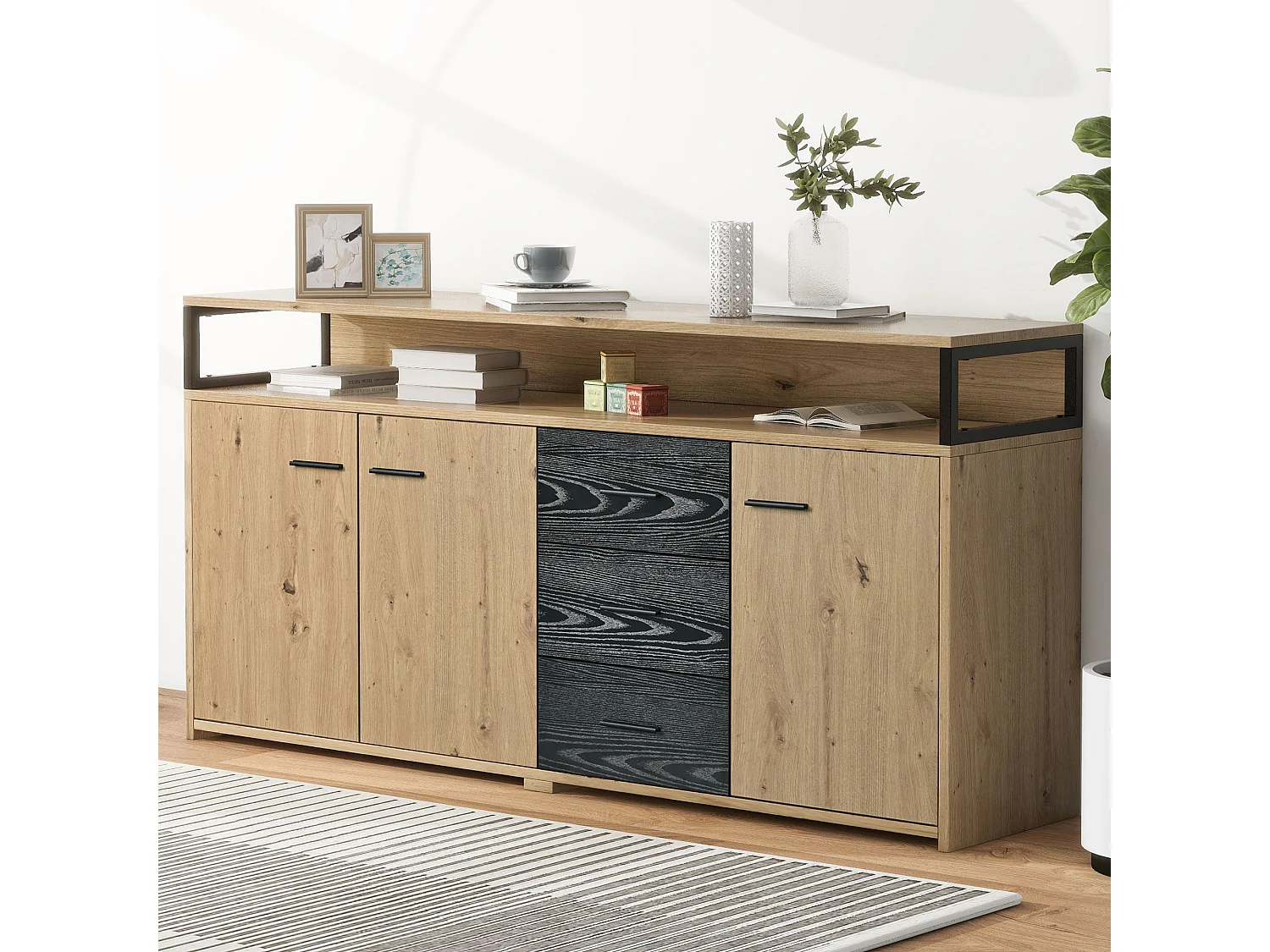 Buffet 150x35x75.9 cm, 3 portes et 3 tiroirs, étagères réglables, rangement ouvert, panneau de particules noir marron